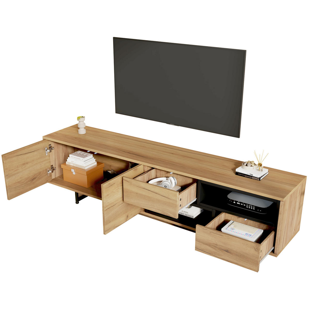 TV-LOWBOARD aus Spanplatte 173x38x48 cm Holzfarben mit Stauraum, Kabeldurchlass und offenen Fächern - Naturfarben, Holzwerkstoff (173/48/38cm) - Modfu