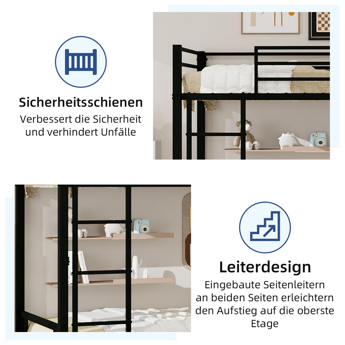 ETAGENBETT Metall 90x190 cm Schwarz - Schwarz, Metall (90/190cm) - Meubliv