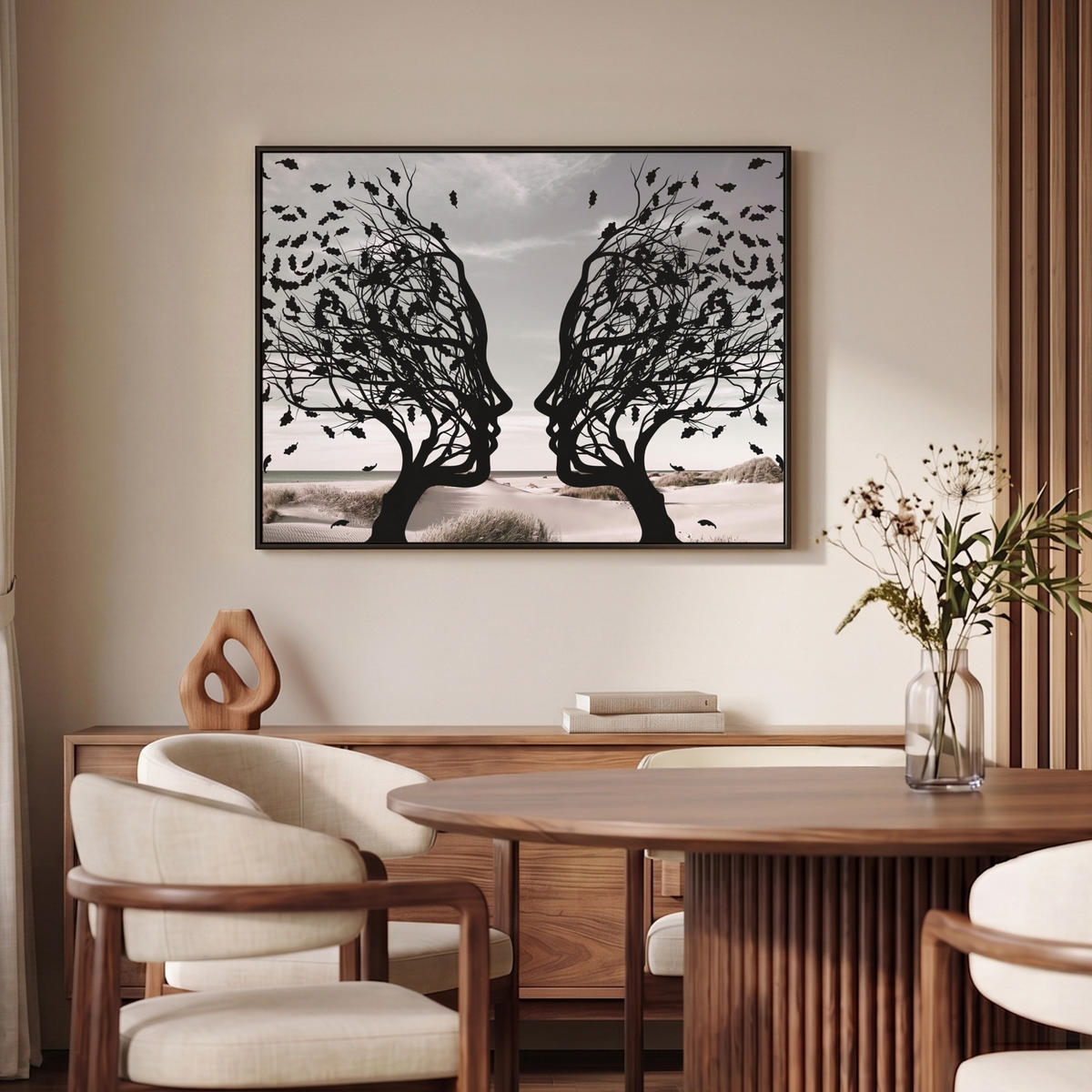 LEINWAND Bilder mit Rahmen - Strand - Meer - Menschen - Baum - Moderne Kunst - 100x70 - Hellgrau, Textil (100/70cm) - MuchoWow