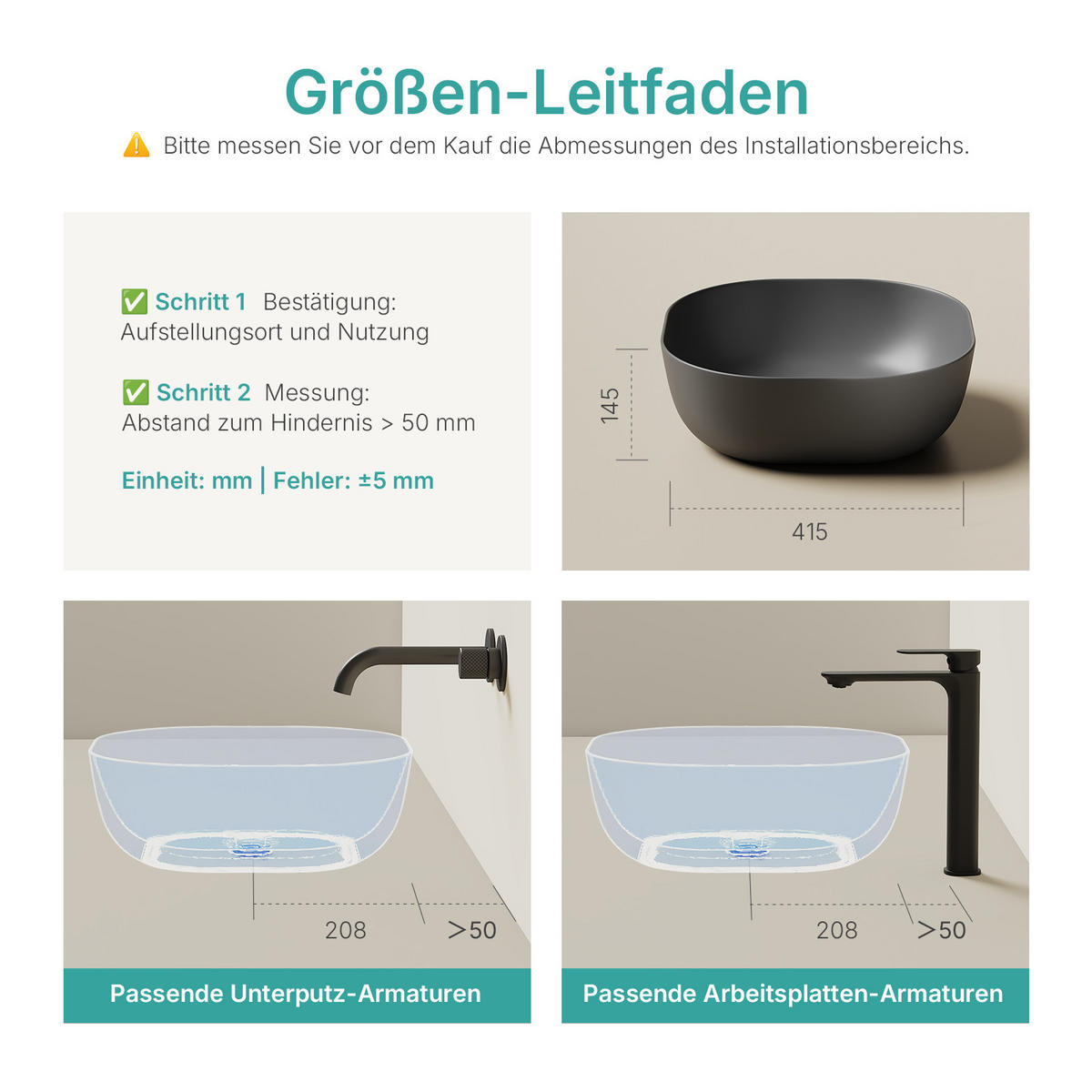 WASCHBECKEN Quadratisch R-Ecken Schwarz 41,5 / 41,5 / 14,5 cm - Schwarz, Keramik (41.5/14.5/41.5cm) - EMKE