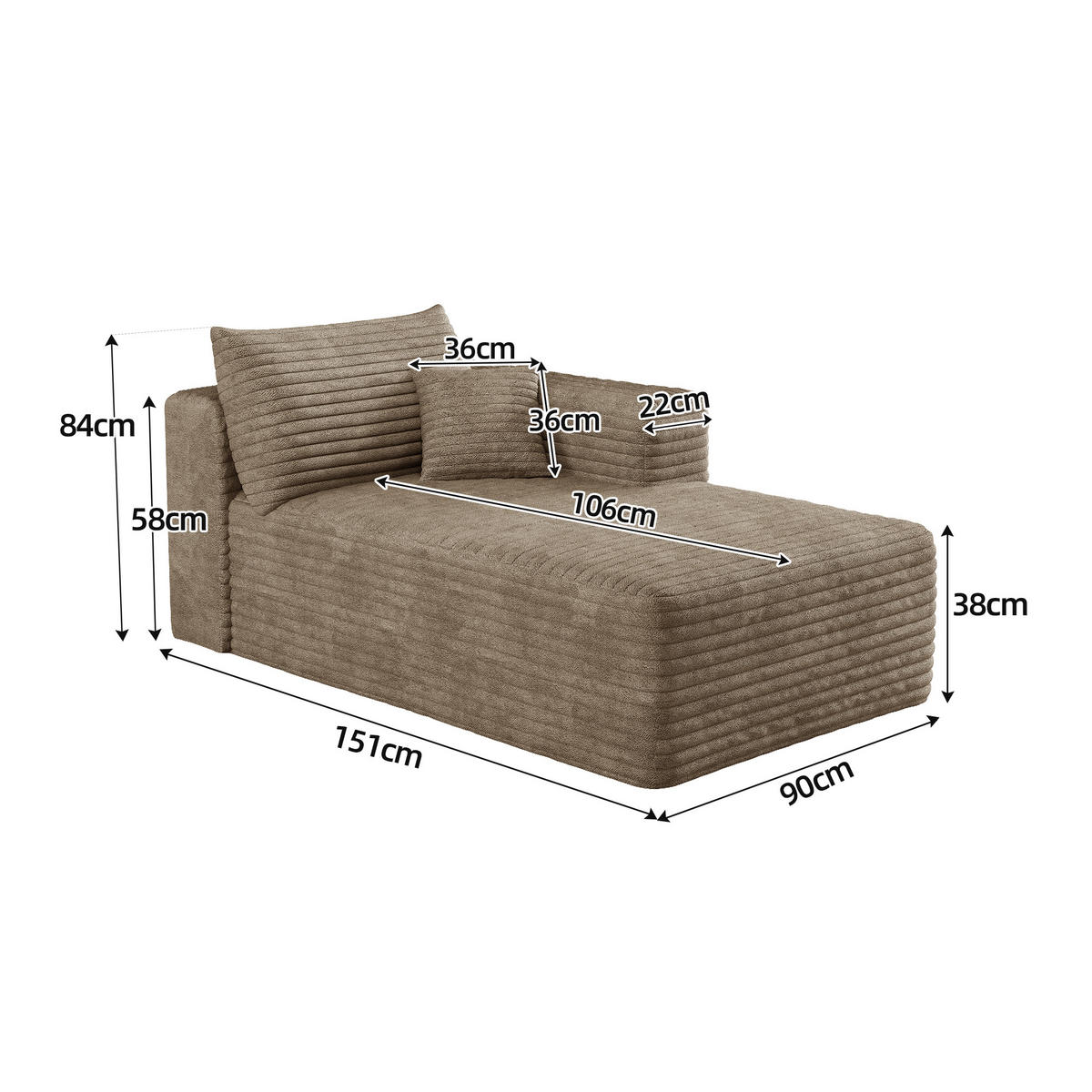 RÉCAMIERE DE-34736 linke Chaiselongue mit Corduroy Kamel - Sandfarben, Textil (90/58/151cm) - ComfortXL