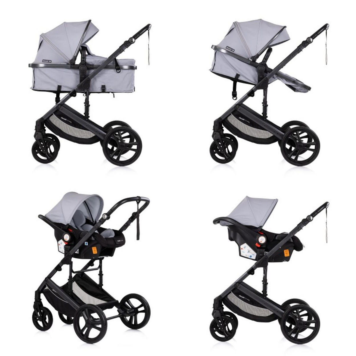 KOMBIKINDERWAGEN Amore 3 in 1 hellgrau Babyschale Adapter Wickeltasche Fußabdeckung - Schwarz, Metall (95/63/105cm) - Chipolino