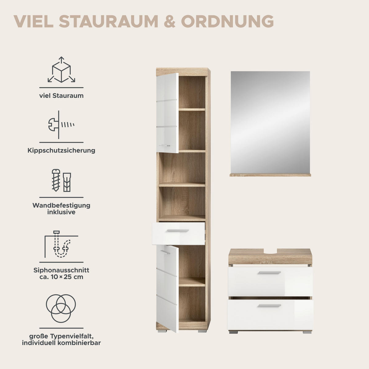 BADKOMBINATION 3tlg. Lambada Bad in Sonoma Eiche hell und weiß hochglanz B/H/T: 112x191x34 cm - Sonoma Eiche, Holz (112/191/37cm)