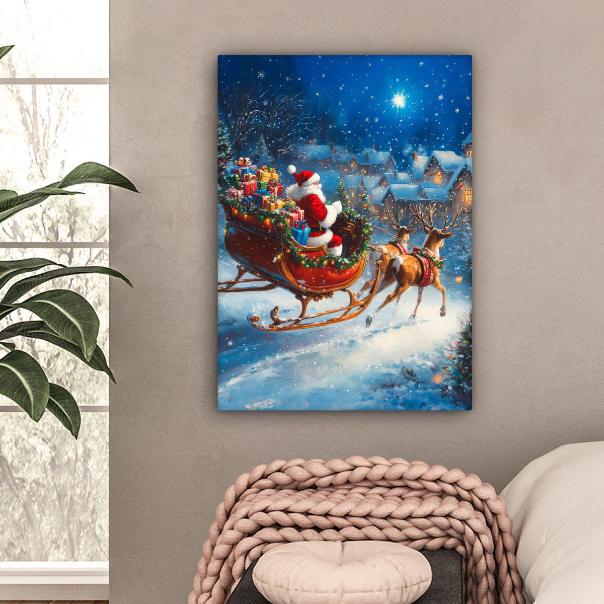 LEINWANDBILD Weihnachtsmann - Rentier - Weihnachten - Schnee 60x80 cm - Cognac, Textil (60/80cm) - MuchoWow