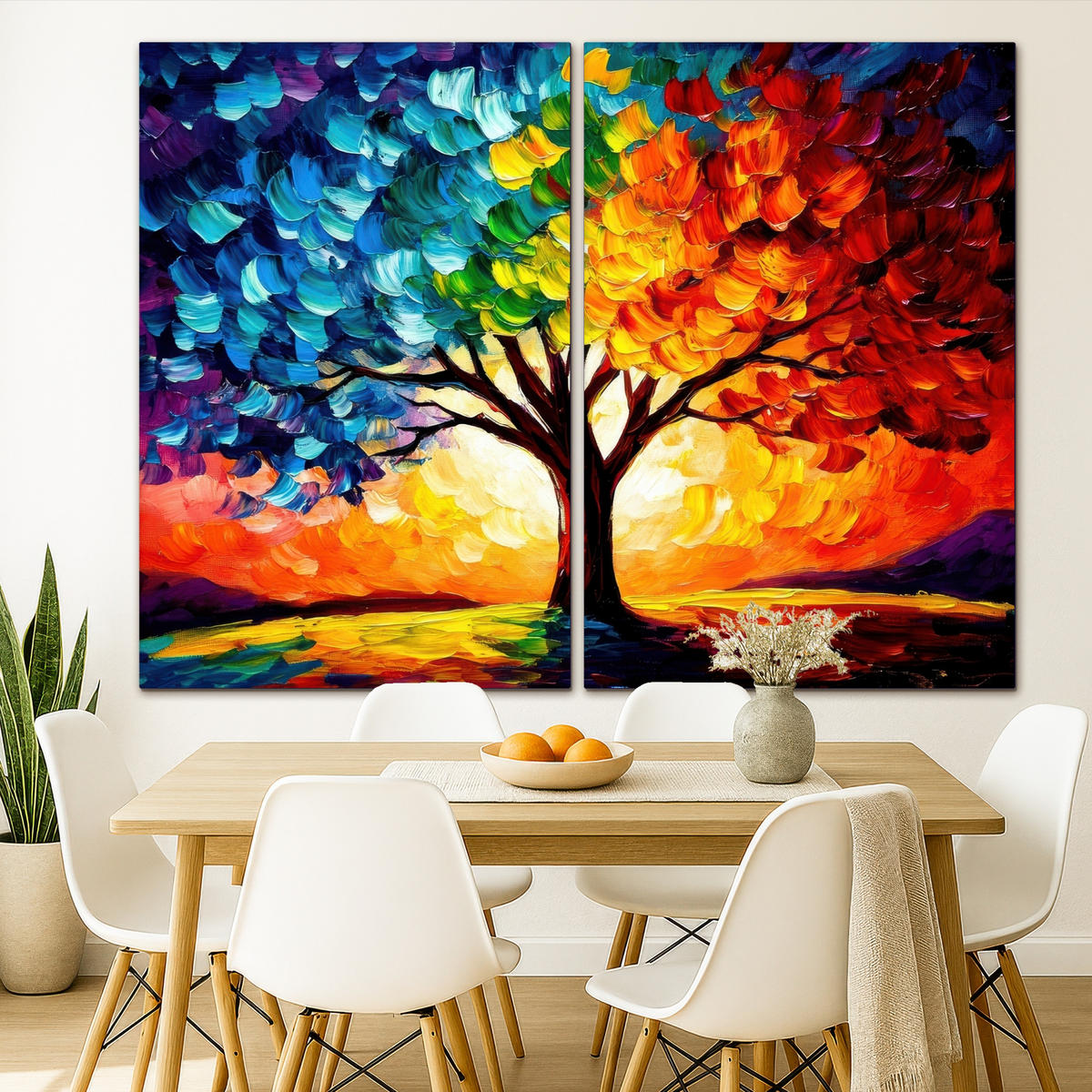 LEINWANDBILD 2er Set Baum - Farbenfroh - Malerei-Look - Abstrakt 240x180 cm - Multicolor, Textil (240/180cm) - MuchoWow