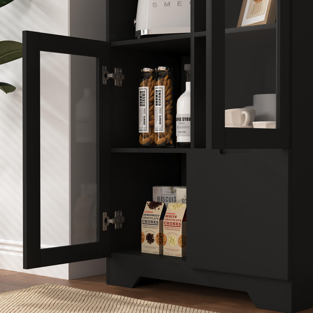 KOMMODE mit 2 Glastüren und verstellbaren Einlegeböden, MDF, grifflose Optik, 65/30/100 cm, Schwarz - Schwarz, Holzwerkstoff (65/100/30cm) - Redom
