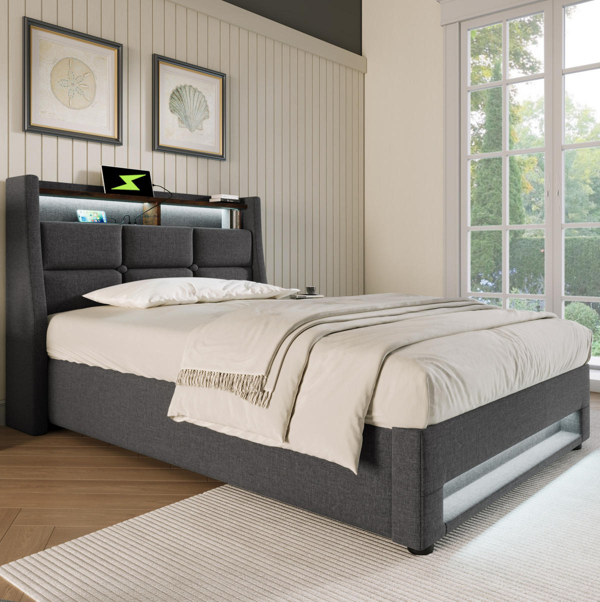 POLSTERBETT mit Stauraum, USB und LED 90x200 cm Leinen Grau - Grau, Metall (90/200cm) - Meubliv