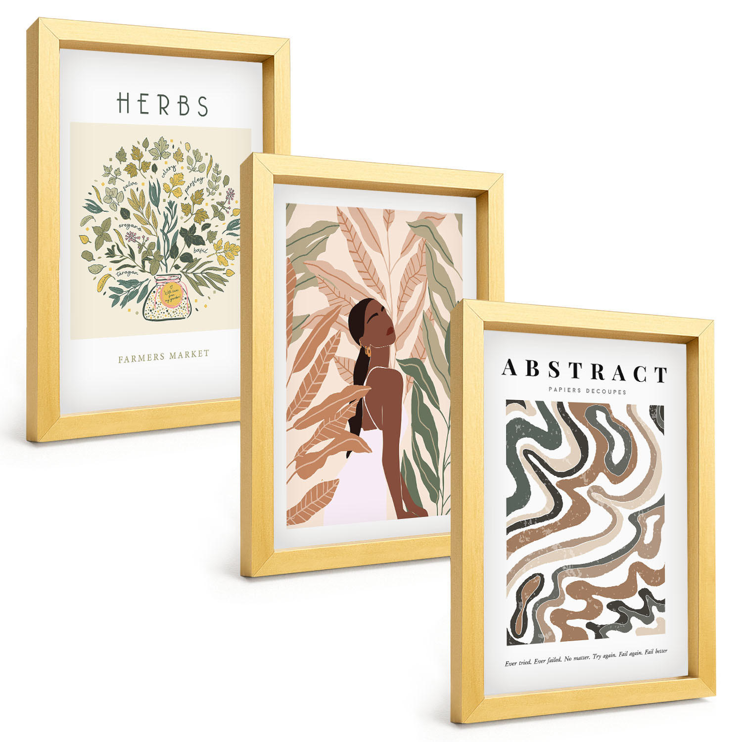 BILDER SET 3er Set - 20x30 cm Goldrahmen - Boho-Pastell-Minimalisten-Poster - Goldfarben, Kunststoff (20/30cm) - TULUP