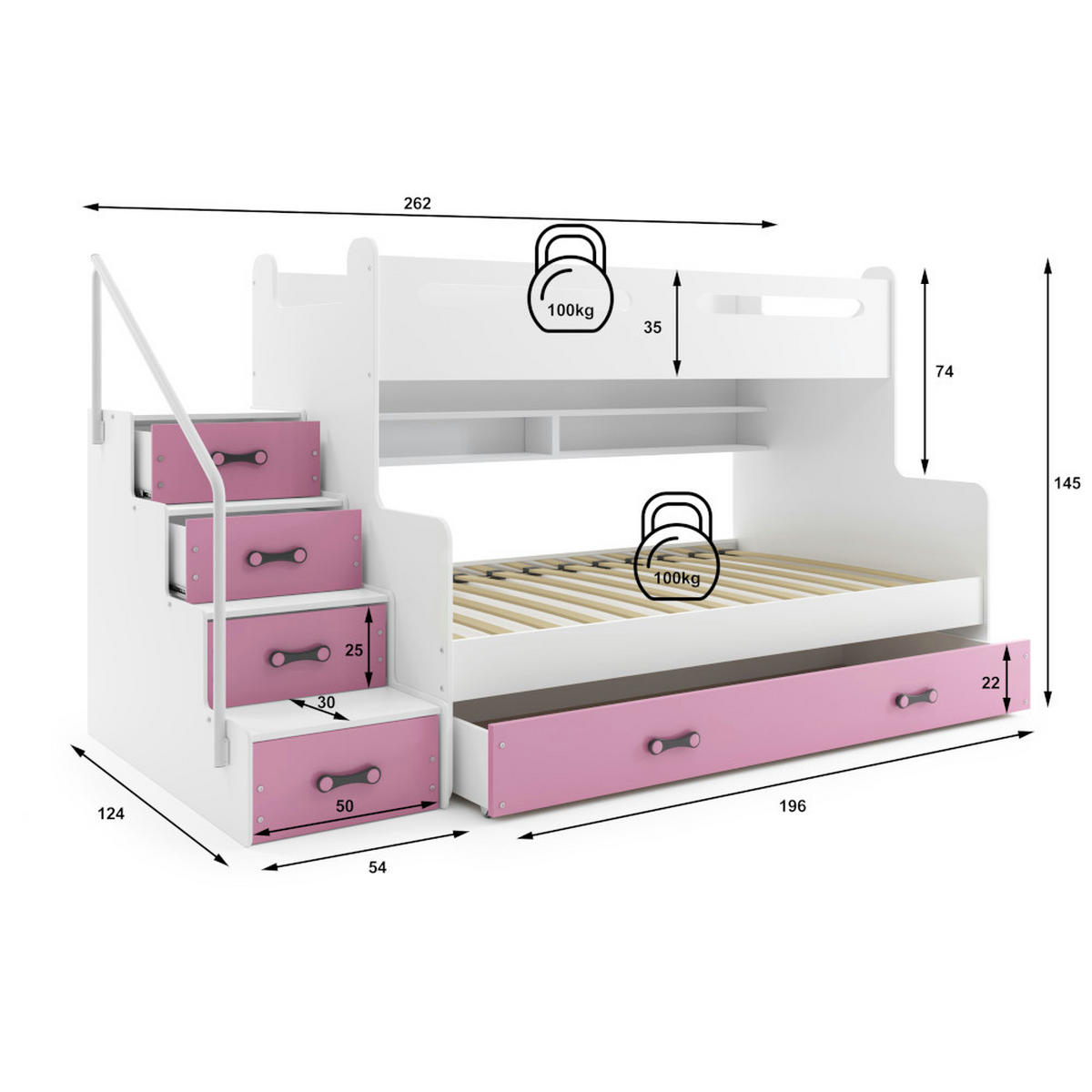 ETAGENBETT Max 3 200x80cm / 200x120cm mit Schublade und Lattenrost - Hellrosa/Weiß, Holzwerkstoff (120/200cm) - Interbeds
