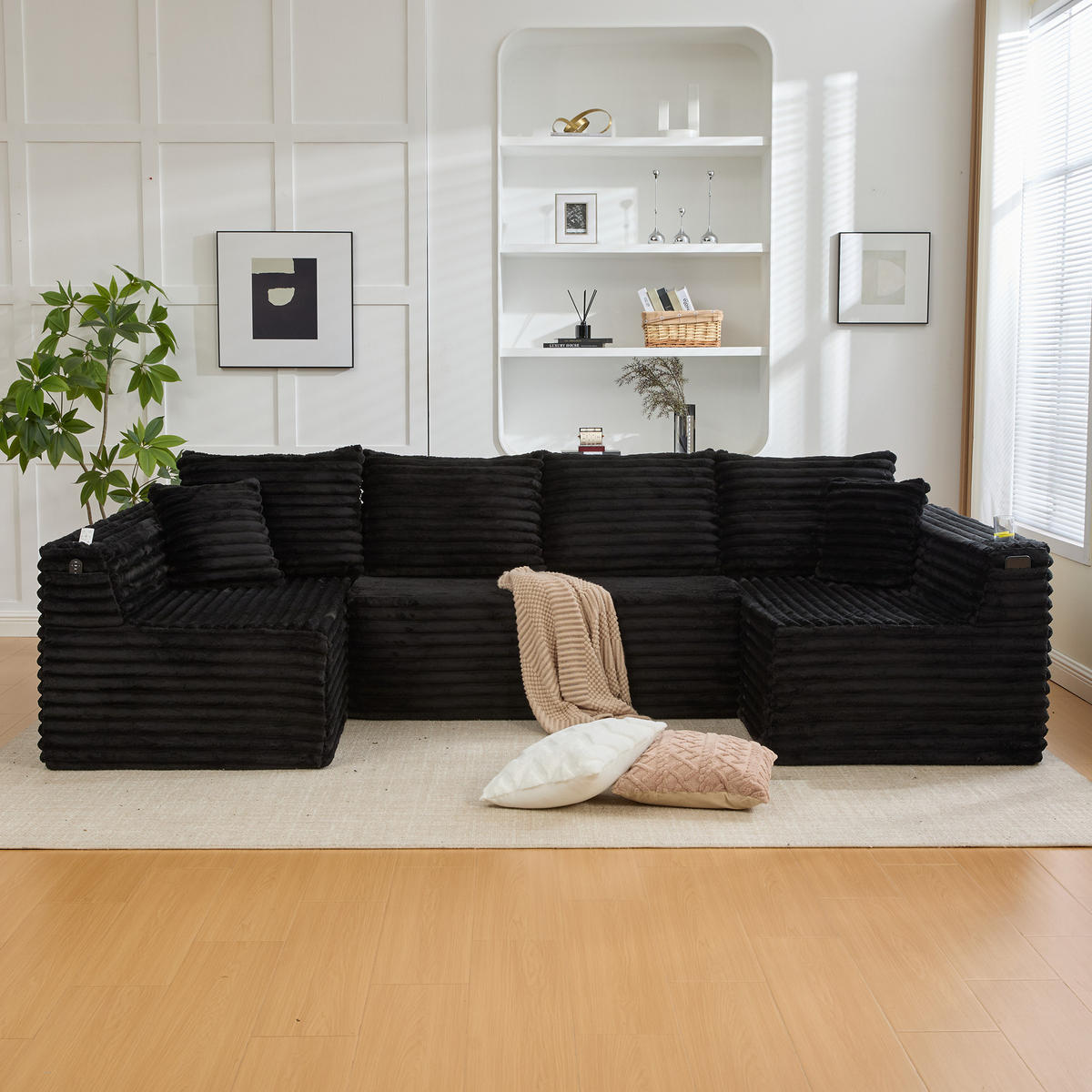 WOHNLANDSCHAFT 320/155/88 cm Schwarz mit Getränkehalter und Seitentasche - Schwarz, Textil (320/88/155cm) - Oxeza