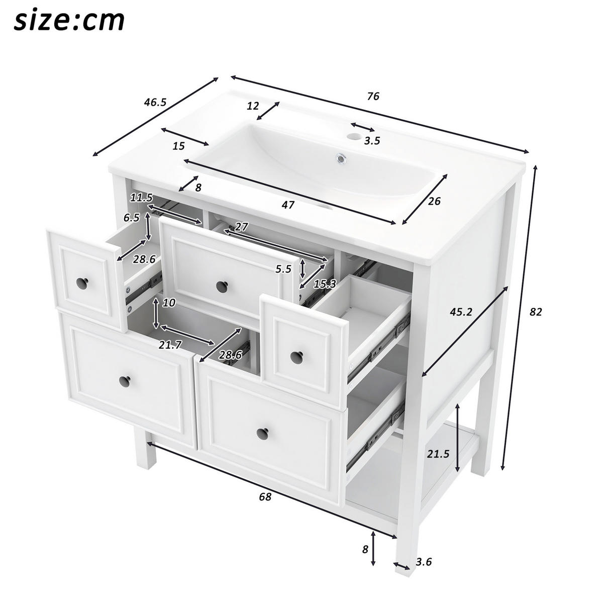FREISTEHENDER Waschtisch aus MDF und Keramik 76x46,5x82 cm Weiß mit 5 Schubladen und offenem Stauraum - Weiß, Keramik (76/82/46.5cm) - Modfu