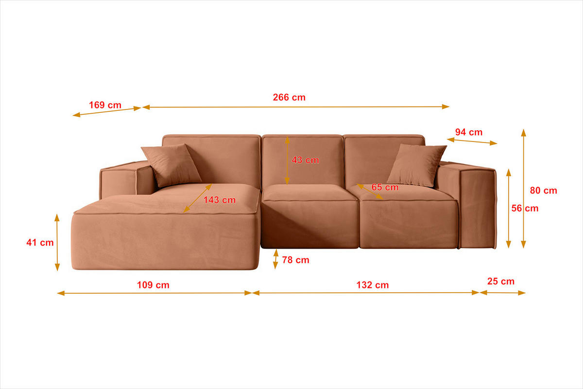 ECKSOFA Ottomane Links SERRA-L - 266x169x80 cm Koralle Velours - Koralle/Schwarz, Holzwerkstoff/Kunststoff (165/266cm) - ALTDECOR