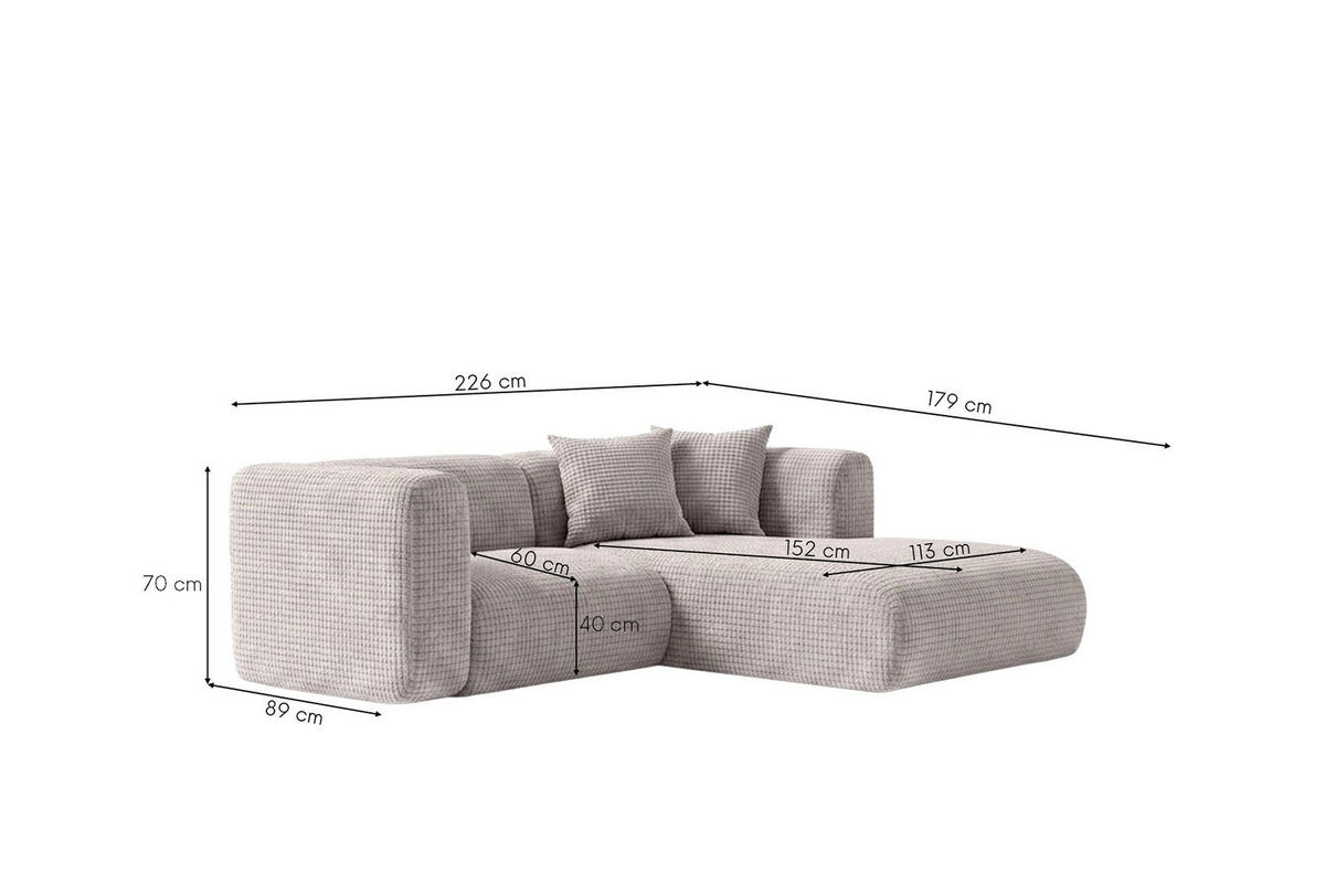ECKSOFA L-Form mini, Chenille-Stoff Cremona, Hellgrau, Rechts, GRETA - Hellgrau, Holz (226/179cm) - Kaiser Möbel