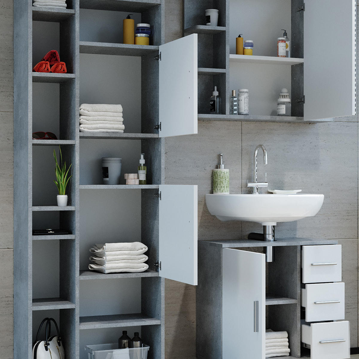BADMÖBEL-SET Ilias Beton 3 Teile, mit Hochschrank - Weiß/Grau, Holzwerkstoff (60/60.8/33cm) - Vicco