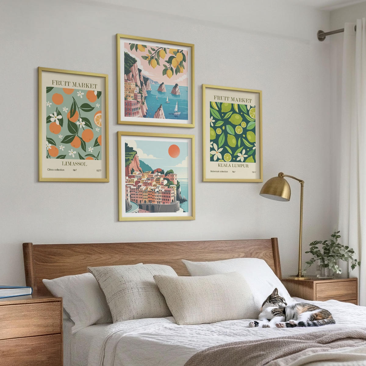 BILDER SET 4er Set - 50x50 cm & 40x60 cm Goldrahmen - Vintage-Poster mit Fruchtmustern - Goldfarben, Kunststoff (50/50cm) - TULUP