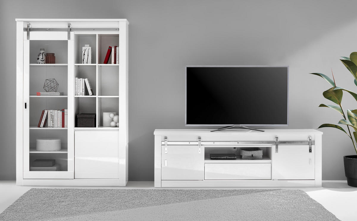 WOHNWAND weiß Hochglanz 2-teilig 349 x 201 cm, Wohnkombination inklusive LED-Beleuchtung, Soft-Close - Chromfarben/Weiß Hochglanz, Glas/Holzwerkstoff (349/201/43cm) - Furn.Design