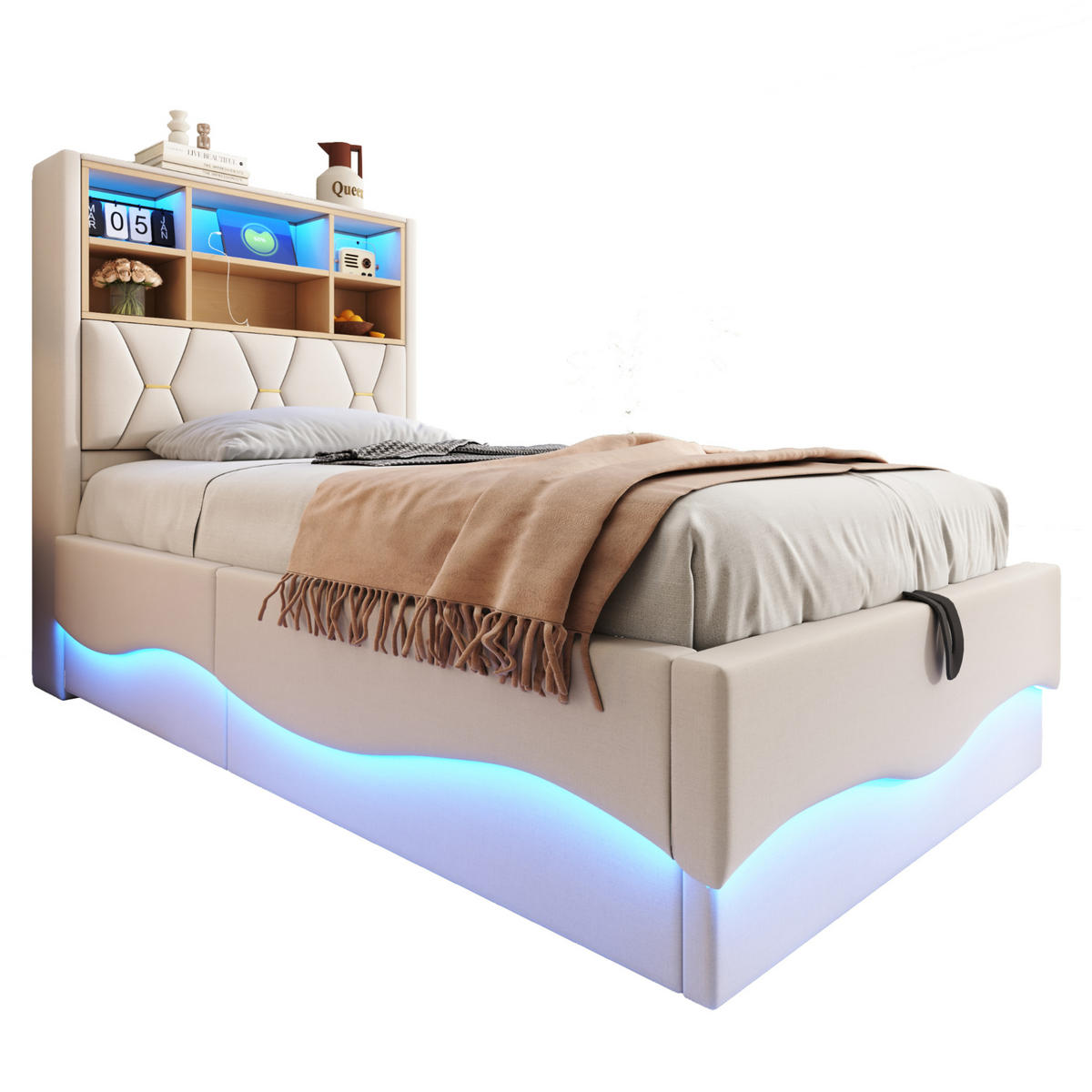 KINDERBETT 90/200 cm in Beige mit Stauraum, LED-Beleuchtung und USB-Anschluss - Beige, Metall (90/200cm) - Flora Grace