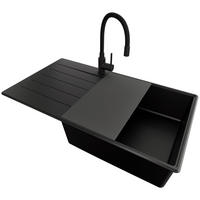 GRANITSPÜLE Kopenhagen, 2-er set Alles Schwarz 90/50 cm 1 Becken + Küchenarmatur 40/38 cm + Ablauf-Set + Schneidebrett ab 60er Unterschrank - Schwarz, Kunststoff (90/20/50cm) - Primagran
