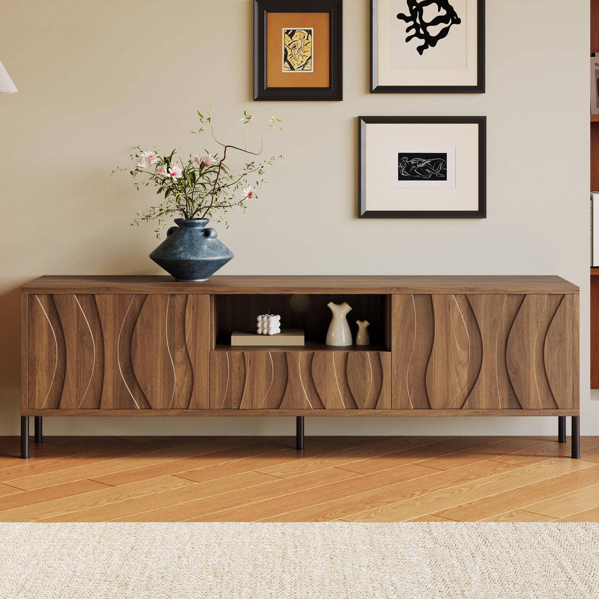 TV-SCHRANK aus MDF 160x35x46 cm Natur mit Kabeldurchführung und Stauraum, wellenförmiges Türdesign - Naturfarben, Holzwerkstoff (160/46/35cm) - Modfu