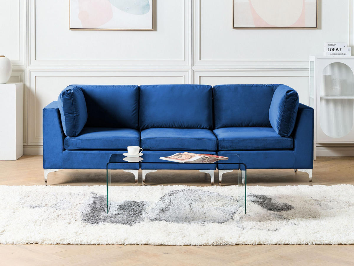 3-SITZER-MODULSOFA Samtstoff marineblau mit Metallbeinen Evja - Blau, Textil (235/84/85cm) - Beliani