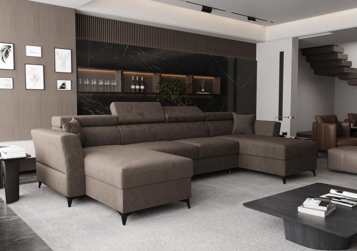 WOHNLANDSCHAFT Ribella Bronze 345/180/100 cm mit Schlaffunktion - Schwarz/Bronzefarben, Textil/Metall (345/100/180cm) - AX Living