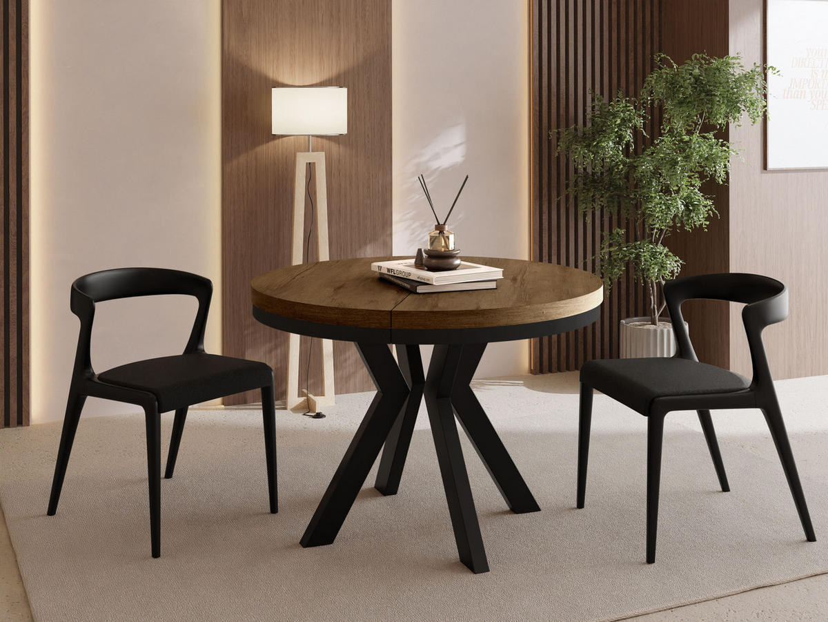 ESSTISCH Savio Neo rund ausziehbar verlängerbar, Eiche Braun Rustikal 90-190/90/77 cm - Alteiche/Schwarz, Holz/Holzwerkstoff (90/90/77cm) - WFL GROUP