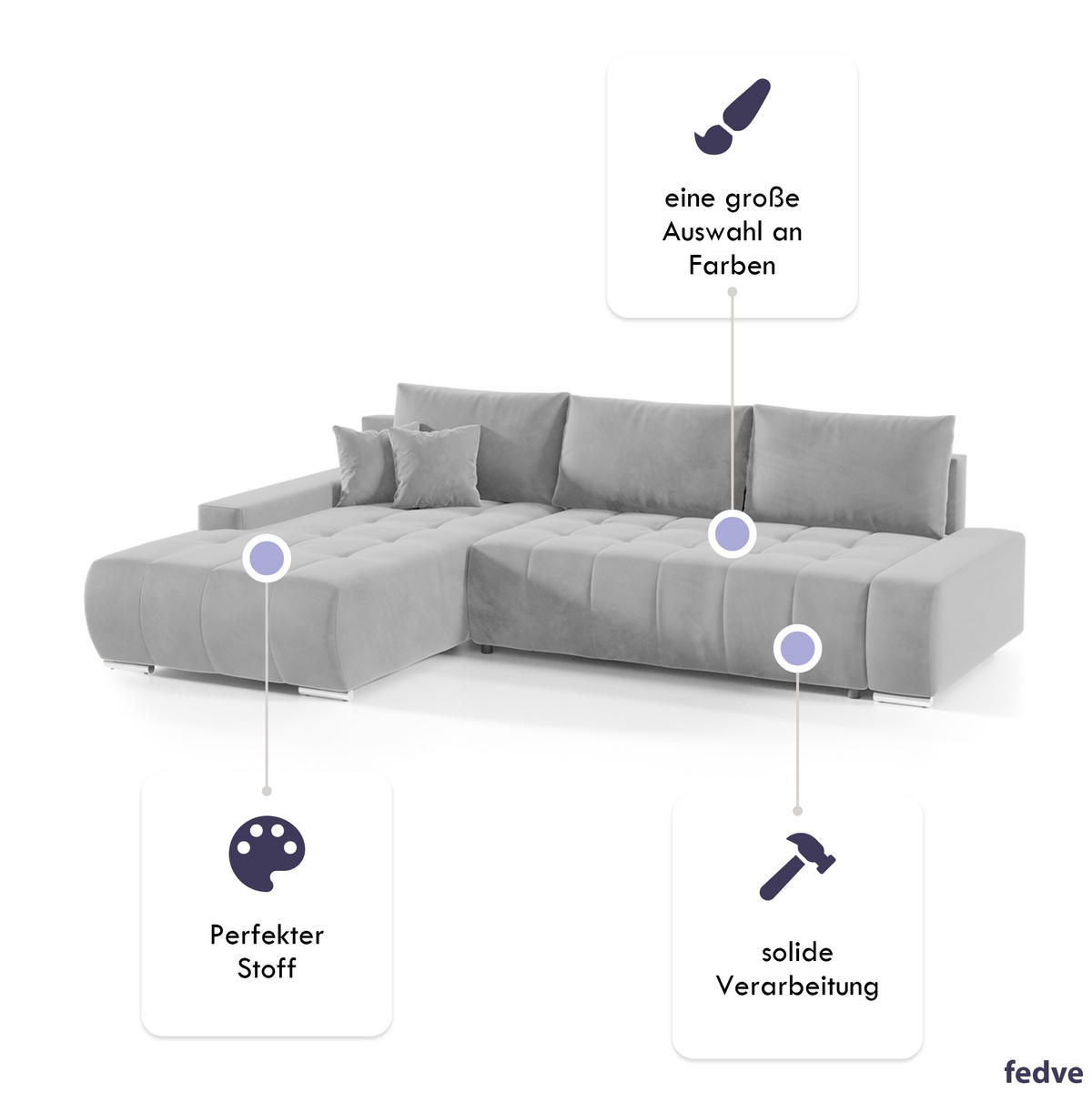 ECKSOFA mit Schlaffunktion Dhaka L, Hellgrau - Hellgrau, Textil (185/265cm) - Fedve