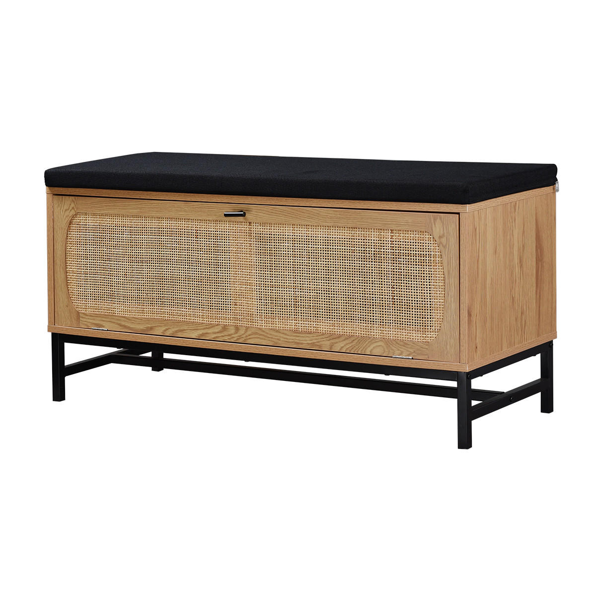 BANK mit Schuhablage und Rattanfront - L100 cm - Eschefarben, Holzwerkstoff (38/47/44cm) - Calicosy