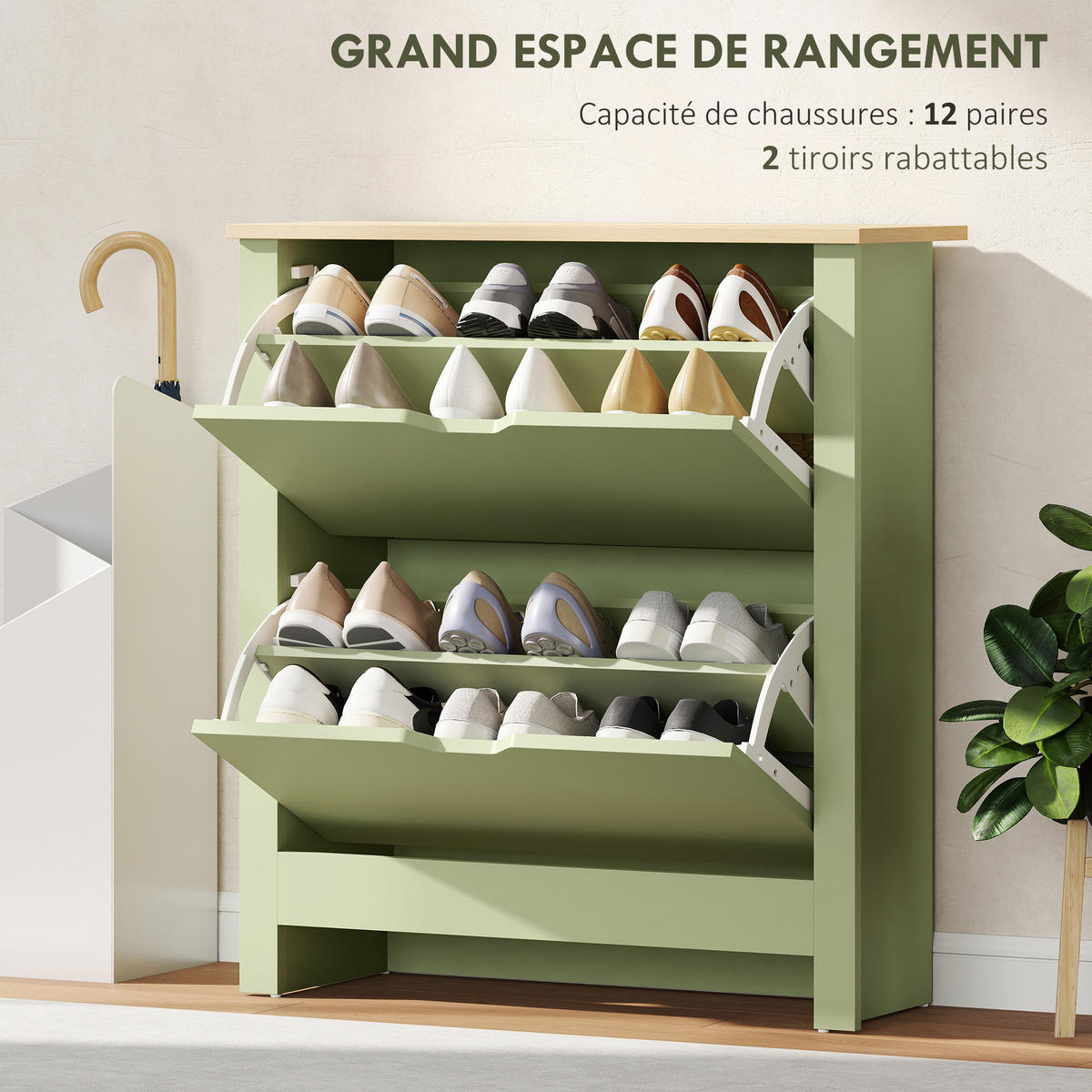 SCHUHSCHRANK Grün Eiche Spanplatte klappbar mit Fächern 1 Stück - Grün, Holz (72/80/26cm) - PANGIVO