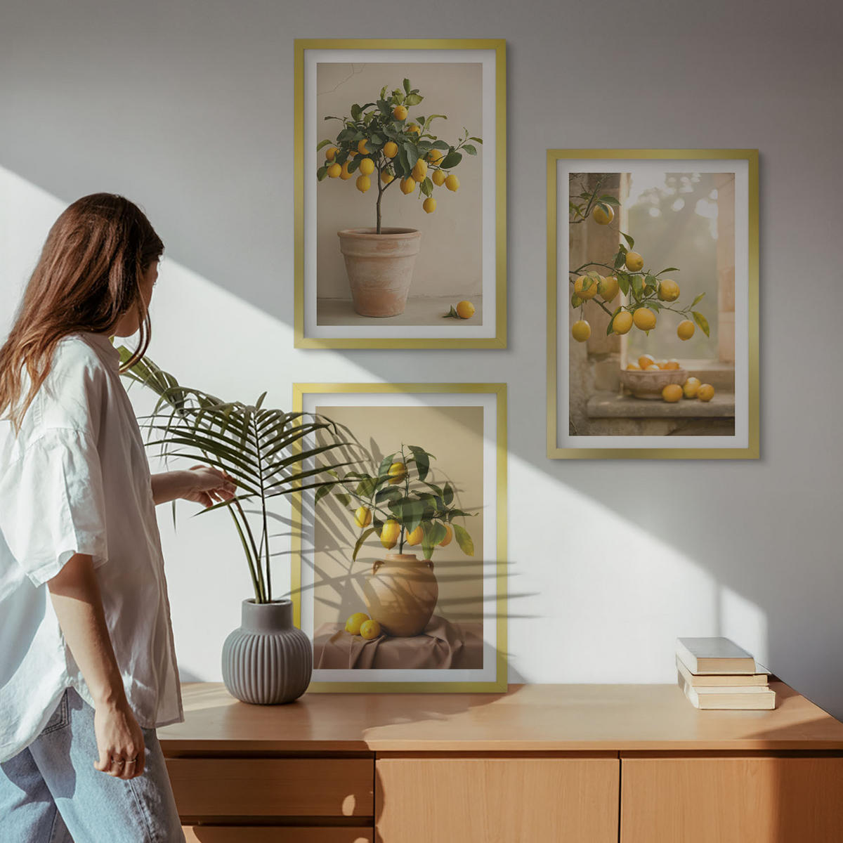 WANDBILDER 3er Set - 40x60 cm Goldrahmen - Zitronenbäume im Topf - Goldfarben, Kunststoff (40/60cm) - ArtPrintCave