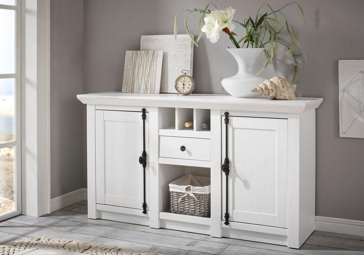 SIDEBOARD Westerland Pinie weiß 152 / 45 / 83cm - Schwarz/Weiß, Holzwerkstoff/Metall (105/115/45cm) - Feldmann-Wohnen