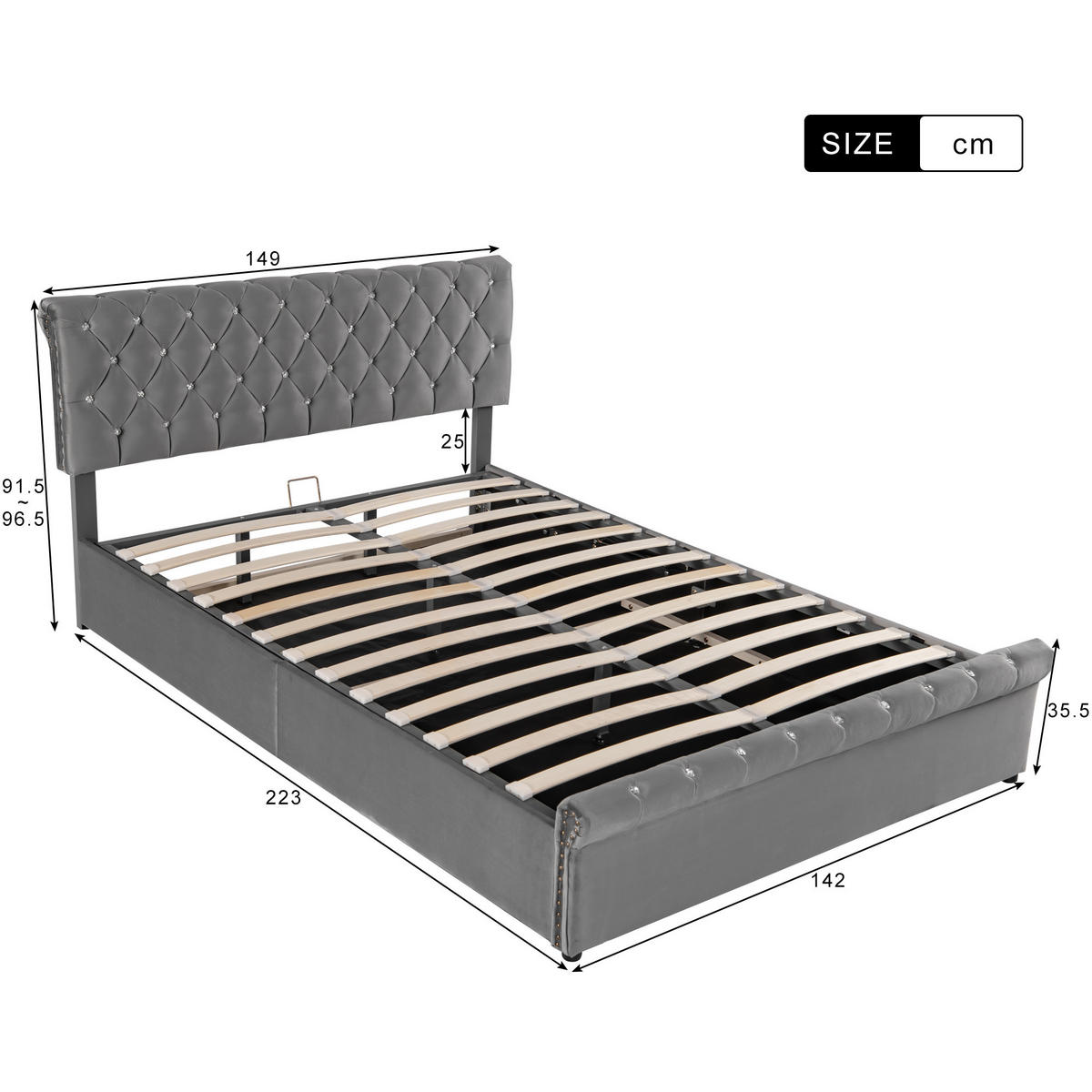 POLSTERBETT 140x200 Samt Hydraulisch Grau Kopfteil - Grau, Holz - FLIEKS