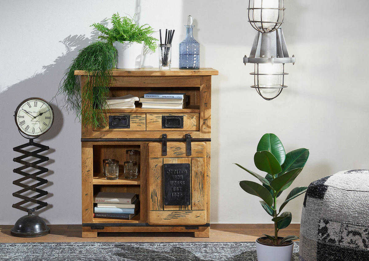 KOMMODE Mango 75x36x90 natur lackiert RAILWAY #152 - Braun, Holz (75/90/36cm) - Massivmoebel24