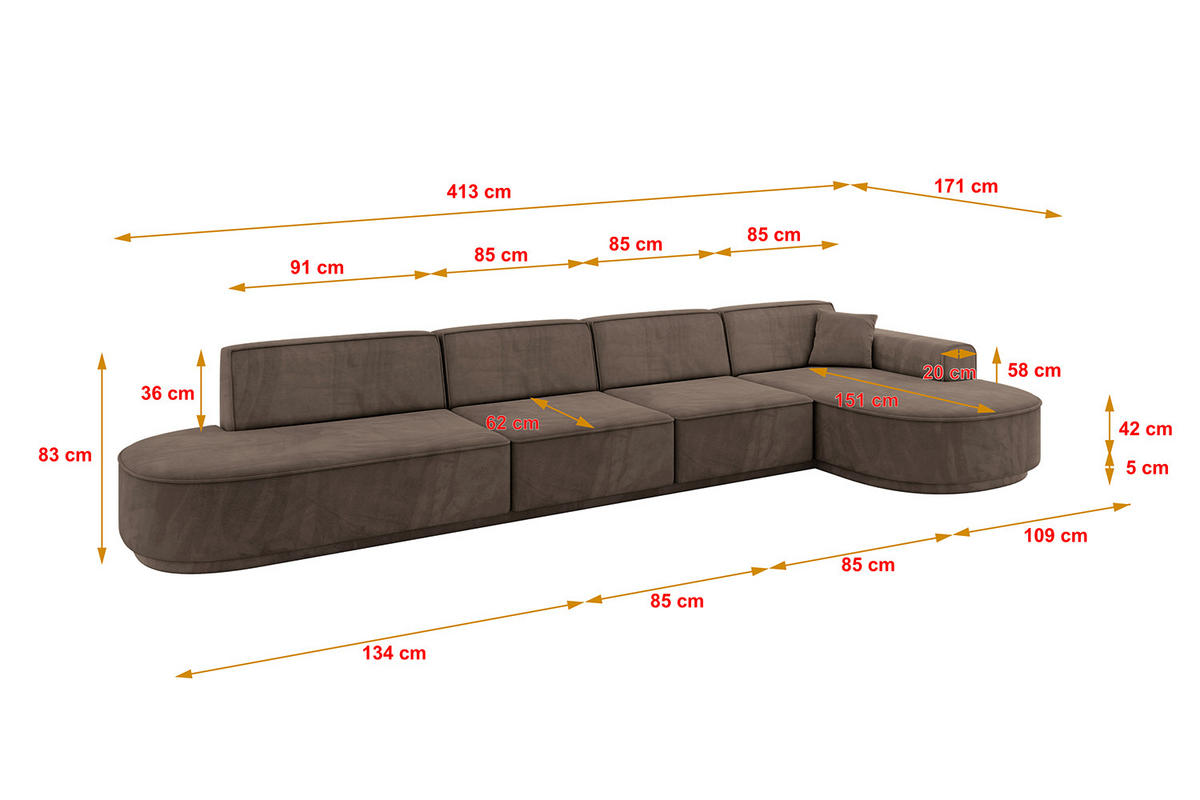 ECKSOFA Ottomane Rechts MARI-L3-v3 - 413x171x83 cm Braun Velours - Schwarz/Braun, Holzwerkstoff/Kunststoff (171/413cm) - ALTDECOR