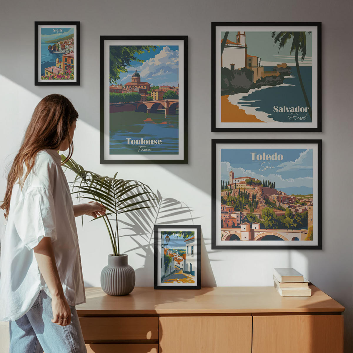BILDER SET 5er Set - 50x50 cm & 20x30 cm & 40x60 cm Schwarzer Rahmen - Illustrationen zur Retro-Architektur der Berge - Schwarz, Kunststoff (40/60cm) - TULUP