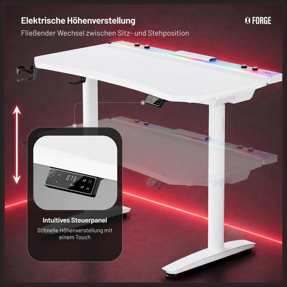 ELEKTRISCH verstellbarer Gaming-Schreibtisch X-Forge 160 x 80 cm - Weiß, Metall (70/160/72cm) - Diablo Chairs