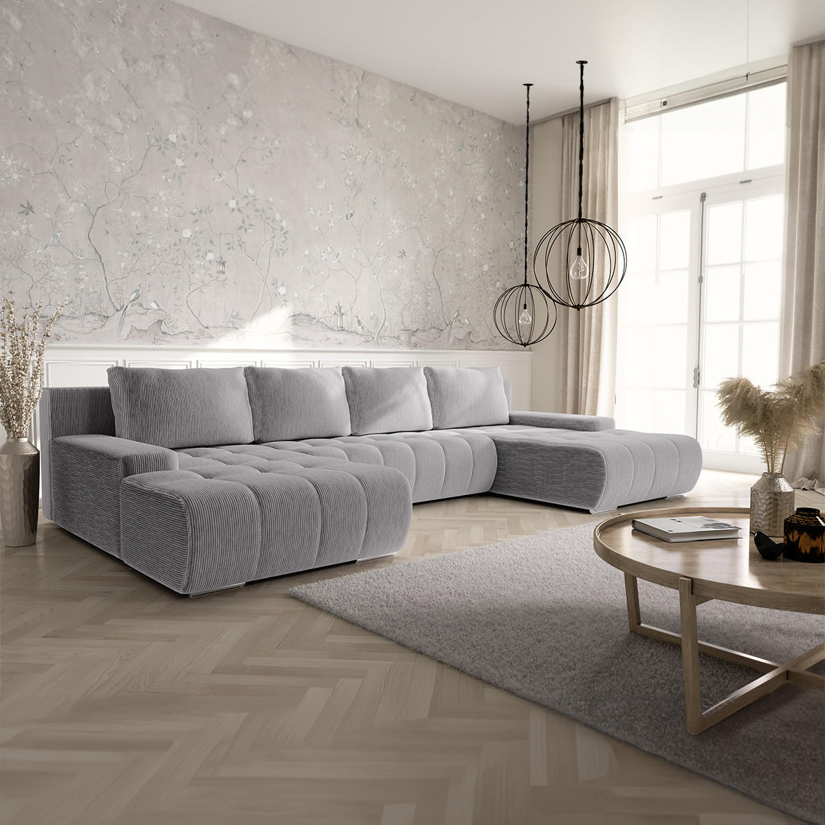 PANORAMASOFA Jonas 5 Sitzplätze Hellgrau - Grau, Holz (350/85/185cm) - Petits-meubles