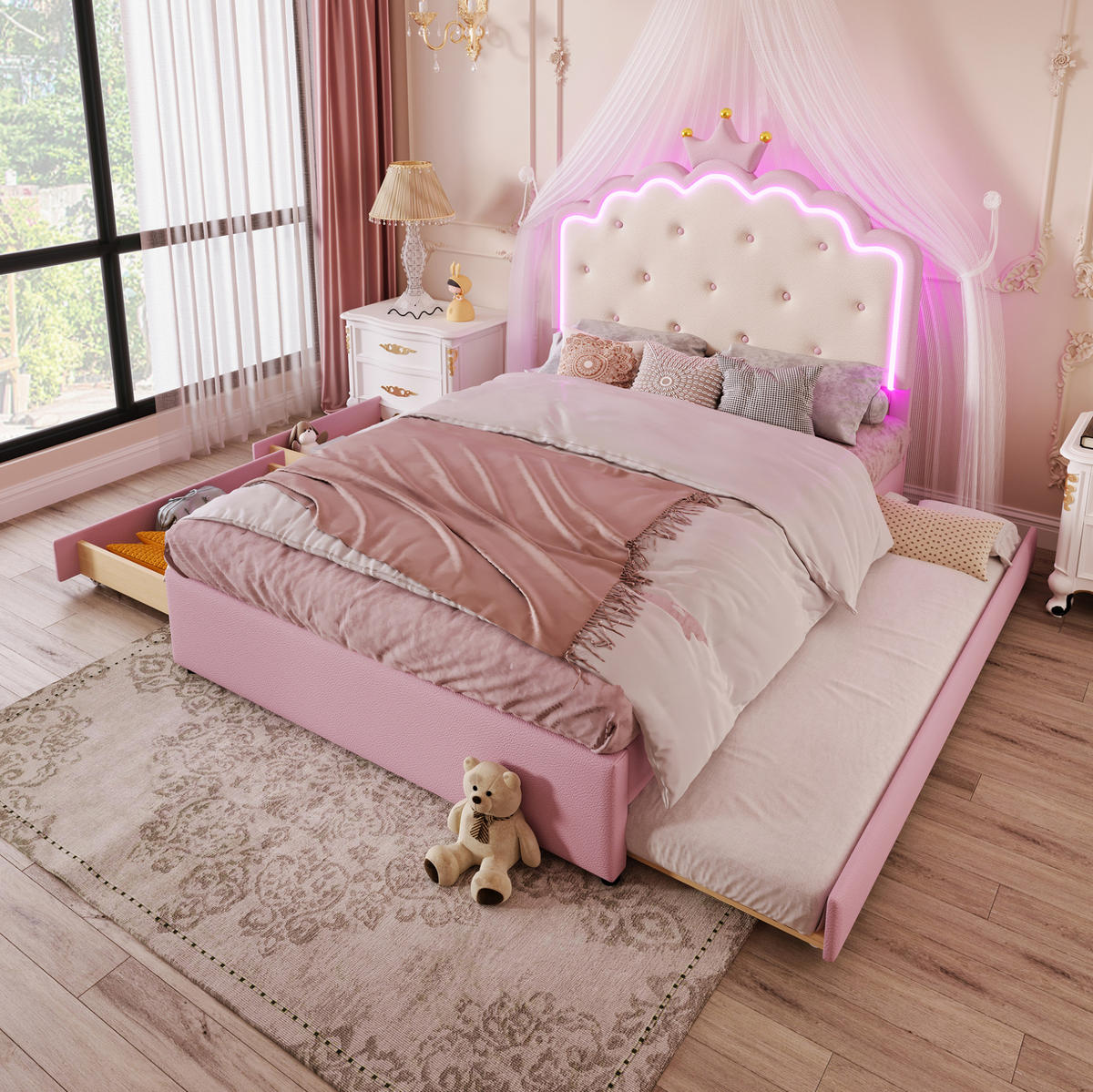 POLSTERBETT 140/200 cm aus PU und MDF mit LED-Beleuchtung, Ausziehbett und 2 Schubladen Rosa - Pink, Kunststoff (140/200cm) - Modenvie