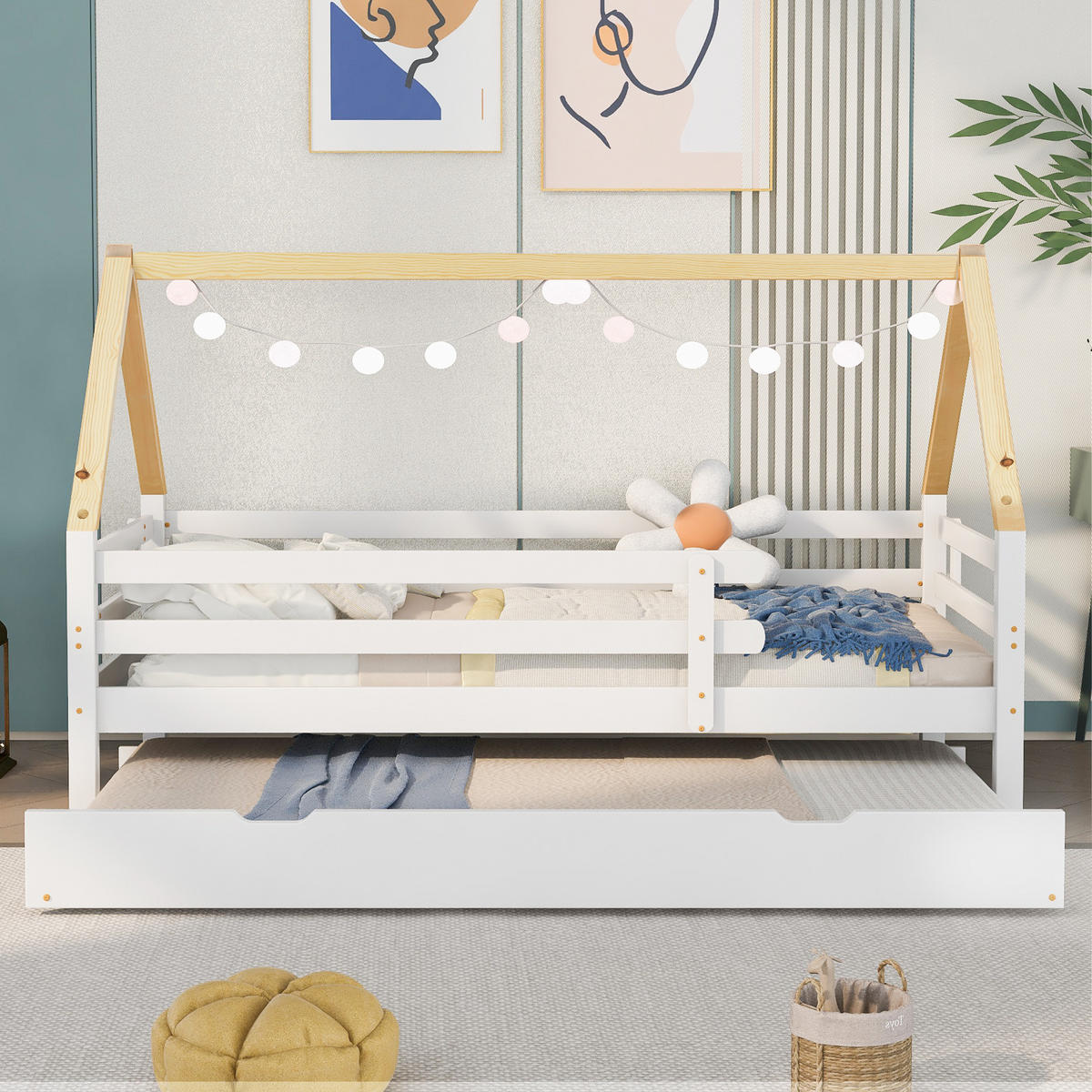 HAUSBETT 90/200 cm & 90/190 cm in Weiß & Natur mit Ausziehbett Massivholz - Weiß/Naturfarben, Holz (90/200cm) - CHICFURN