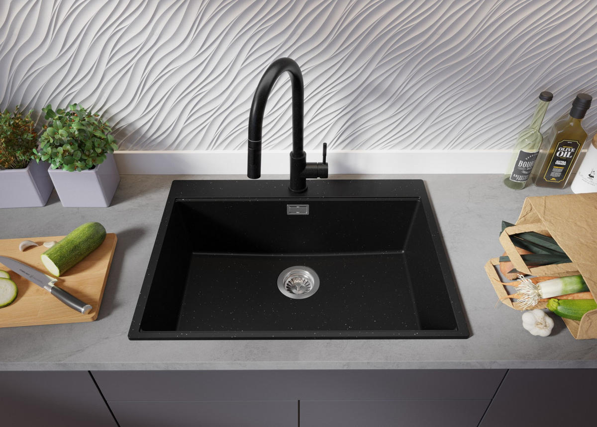 SPÜLBECKEN Oslo, 2-er set Schwarz Metallic 68/50 cm 1 Becken + Ablauf-Set + Schneidebrett ab 70er Unterschrank - Chromfarben/Schwarz Hochglanz, Kunststoff (68/20/50cm) - Primagran