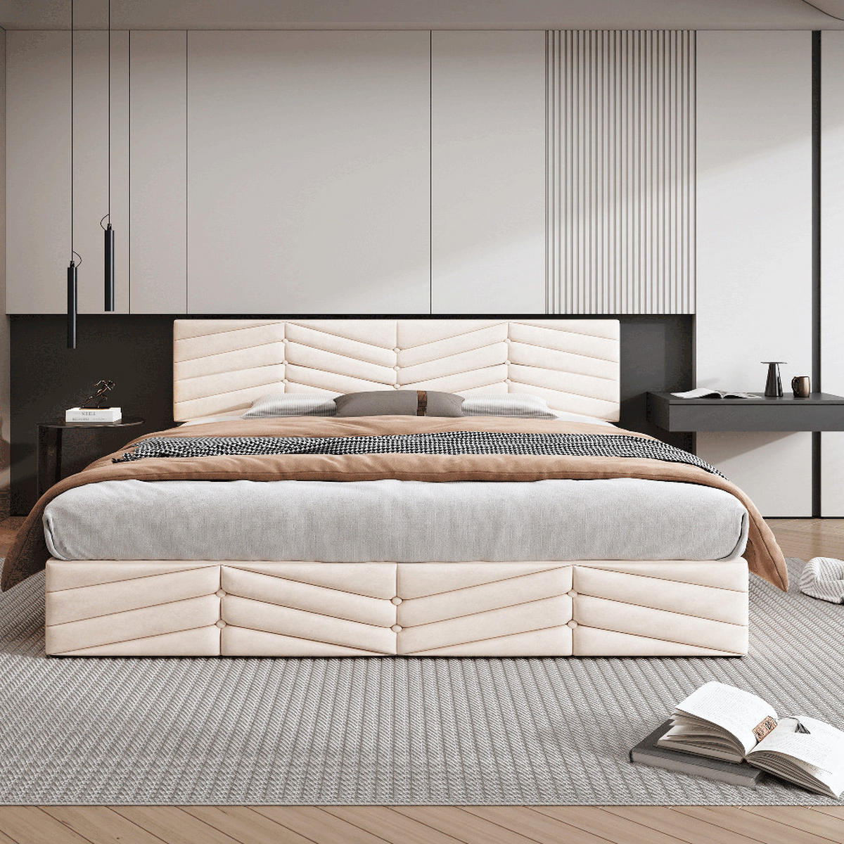 POLSTERBETT Streifen Stil Samt 60x200 cm Höhenverstellbares Kopfteil - Beige, Textil - Raelunyi