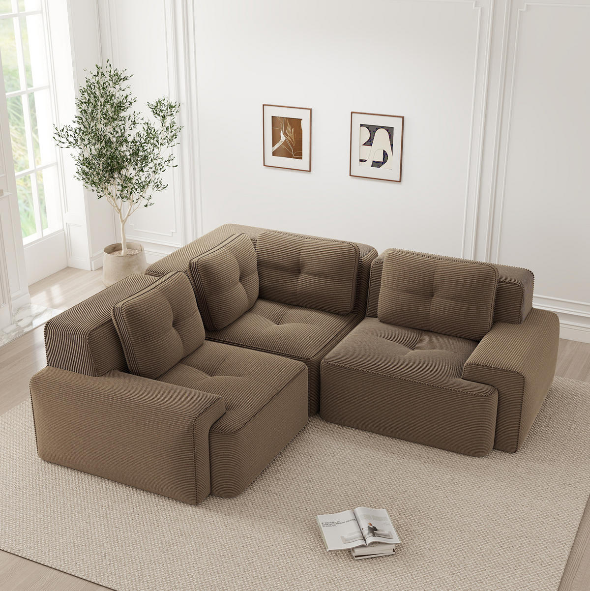 ECKSOFA 208/177/69 cm braun aus Cord mit modularem Design und rutschfestem Standfuß - Braun, Textil (104/177cm) - OKWISH