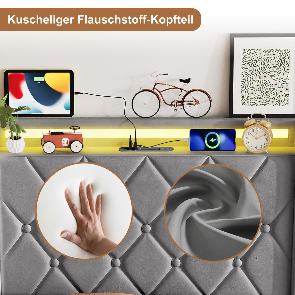 POLSTERBETT 90x200 cm Grau mit RGB-LED, USB-C & hydraulischem Stauraum - Grau, Holz (90/200cm)
