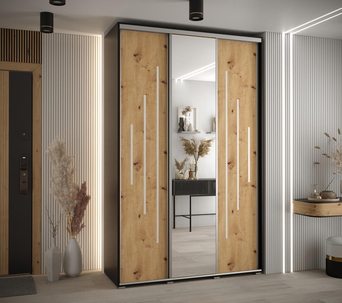 SCHWEBETÜRENSCHRANK 235,2/150/60 3-türig - Silberfarben/Schwarz, Holz/Metall (150/235/60cm) - Abiks Möbel