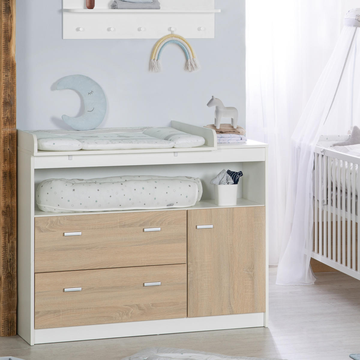 BABYZIMMER-SET Gabriella mit breiter Wickelkommode, 3-teilig - Multicolor, Holzwerkstoff (76/80/142cm) - Roba
