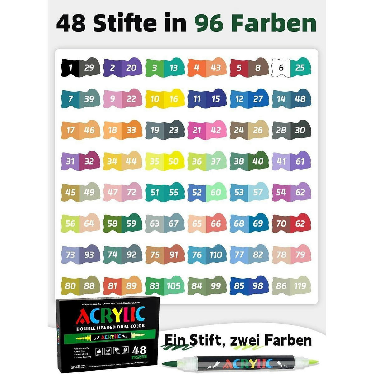 ACRYLSTIFTE Set 48 Stifte 96 Farben Doppelspitze - Multicolor, Kunststoff (1/1/14cm)