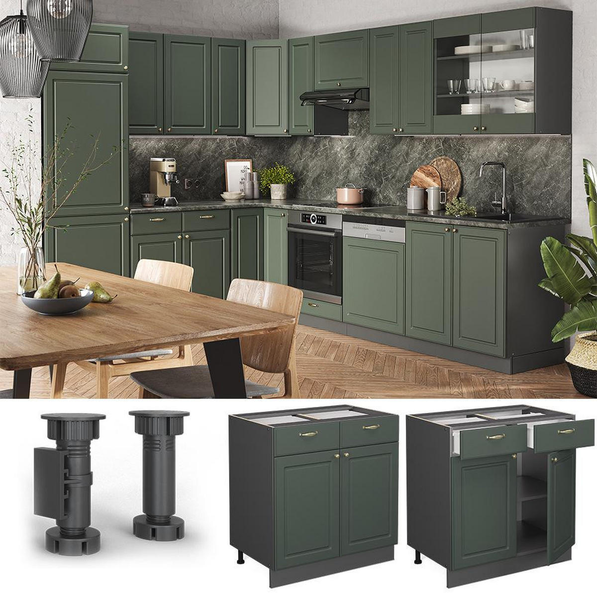 DULAP DE BAZĂ DE BUCĂTĂRIE Fame-Line Casă de țară verde și aurie 80 cm , AP Stejar - verde/antracit, compozit lemnos (80/82/60cm) - Vicco