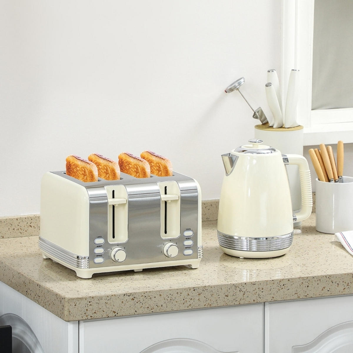 WASSERKOCHER-TOASTER SET Creme Edelstahl 1,7 L 2200W - Creme, Kunststoff (16.5/25.2/21.1cm) - Rolipo