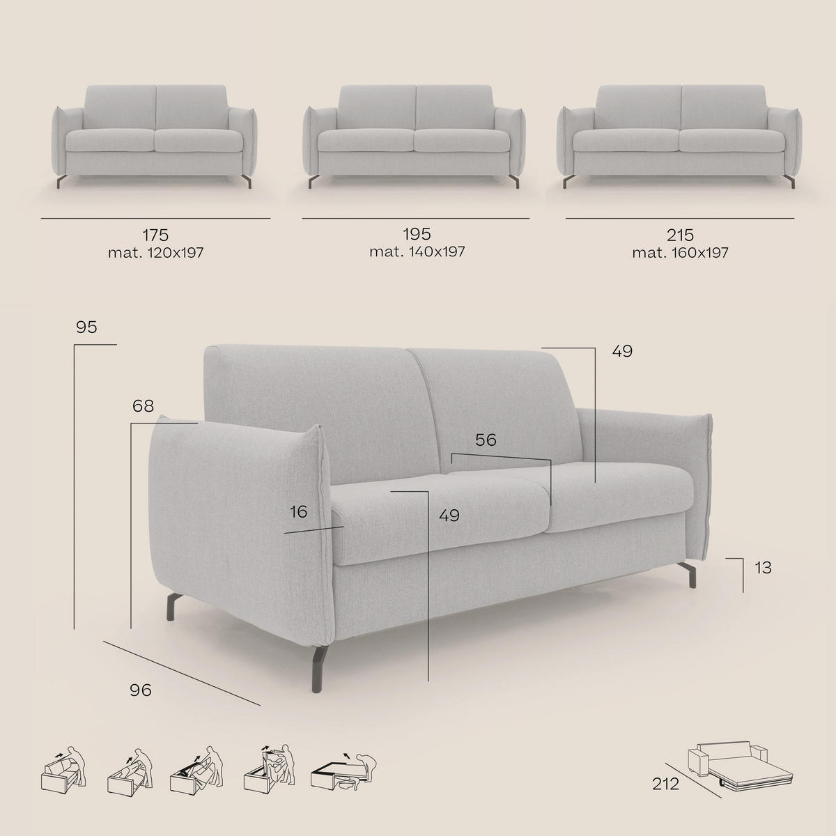 SCHLAFSOFA Scarlet - Anthrazit, Textil (215/95/96cm) - Divani.store