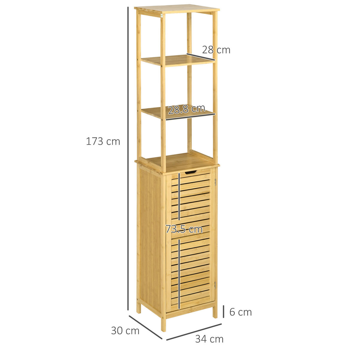 BADEZIMMER Hochschrank 34x30x173 cm Natur aus Bambus mit Lamellentür & 3 Ablagen - Naturfarben, Naturmaterialien (34/173/30cm) - Modfu